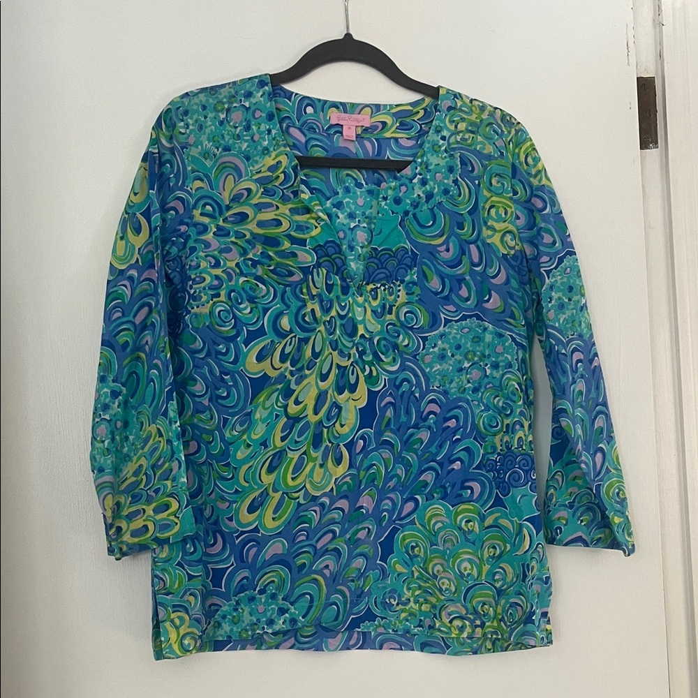 Women's Blue and Green Patterned Top